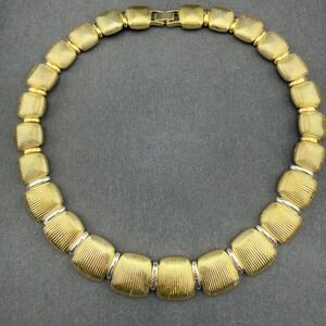 Vintage Two Tone Gold and Silver Tone Ribbed Link Collar Necklace Choker